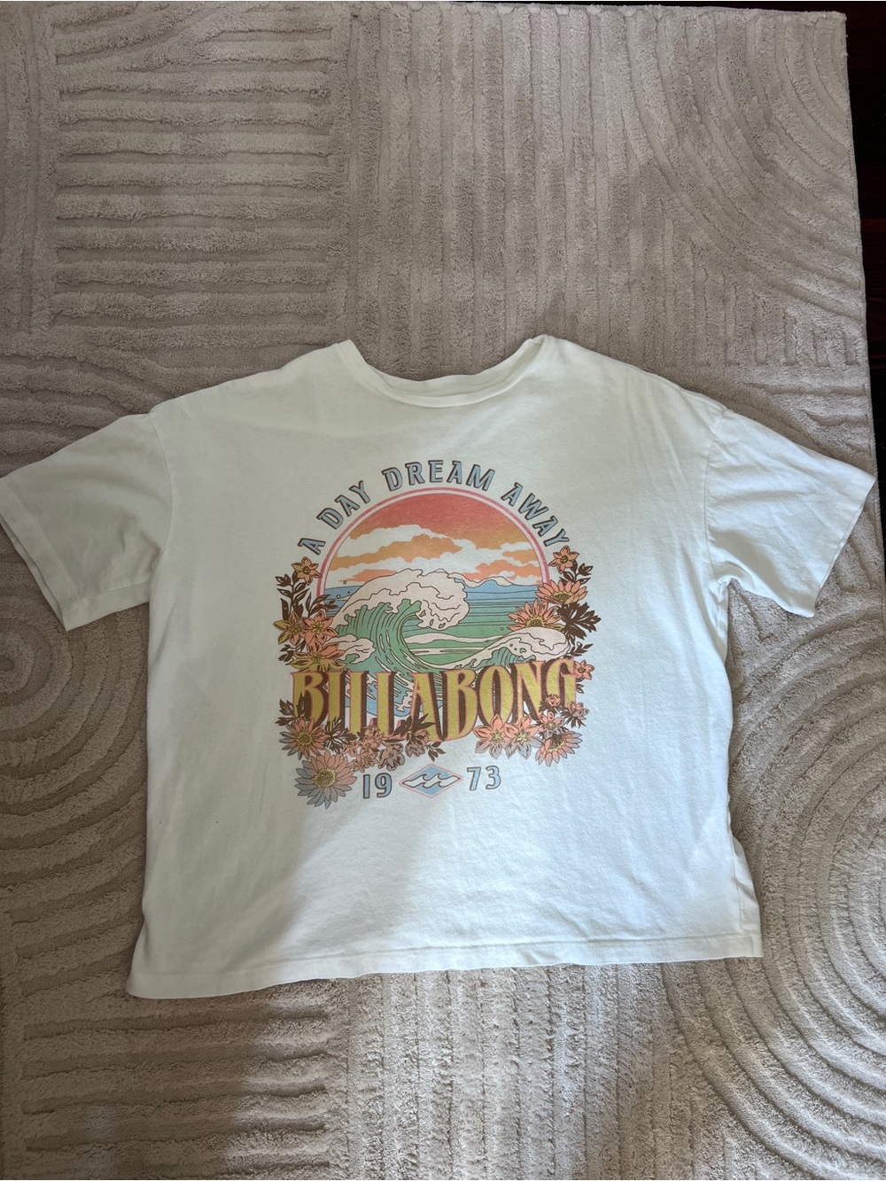 Billabong White Tee with Pink and Orange Sunset Graphic